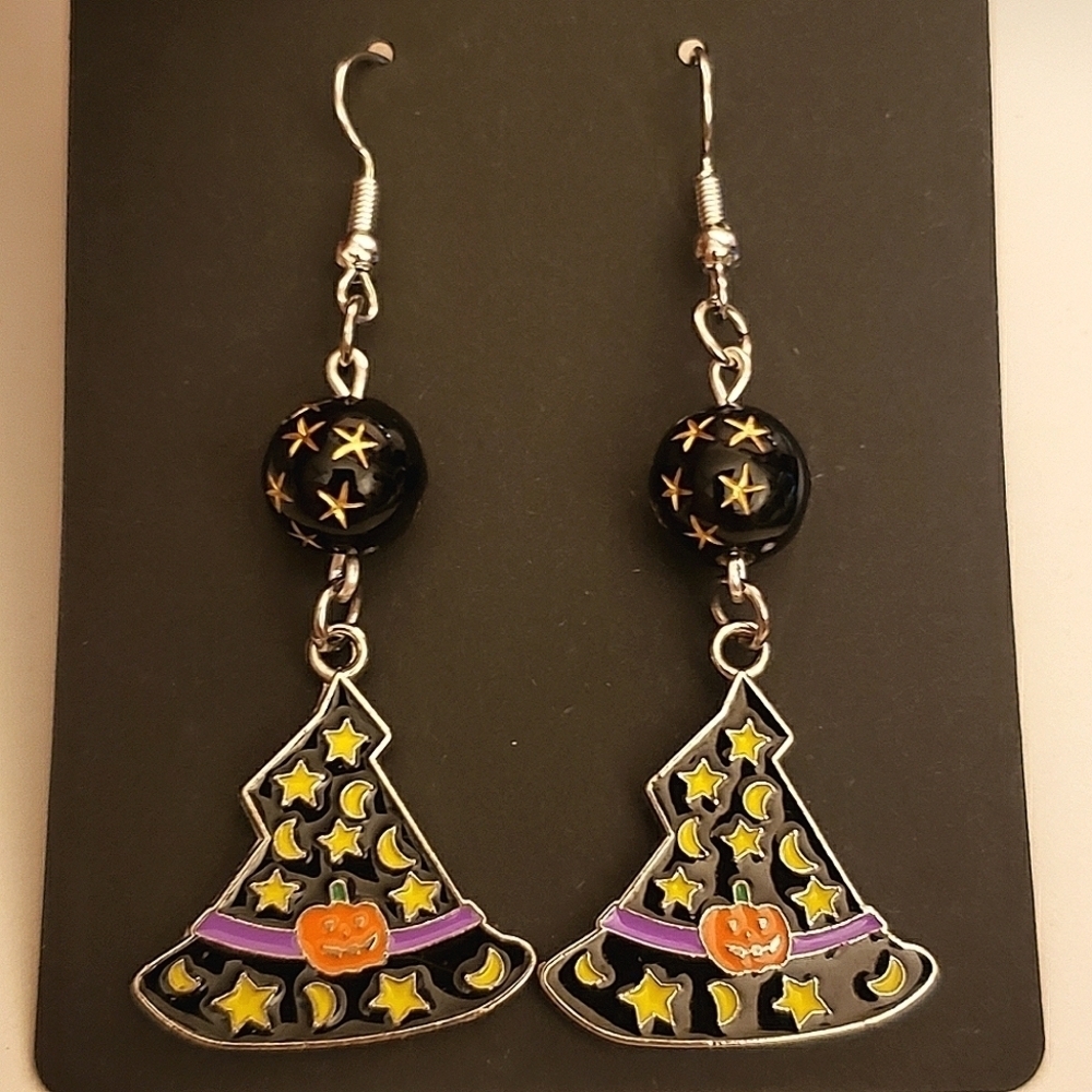 Black Dangle Halloween Witch Hat Earrings